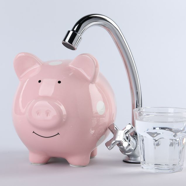 Trinkwasserersparnis bildlich dargestellt über Sparschwein und Wasserhahn